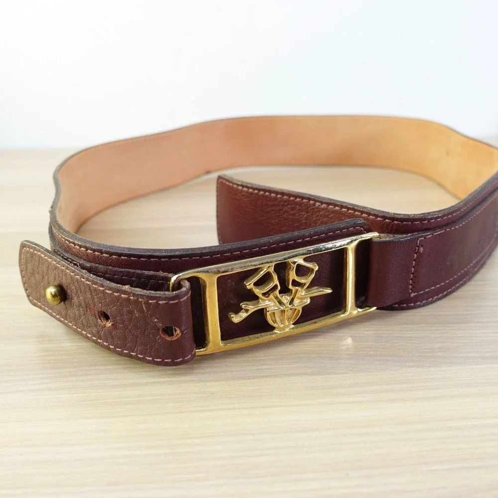 90s VINTAGE Talbots Belt Womens Medium Leather Gold Dress Western Logo Holiday
